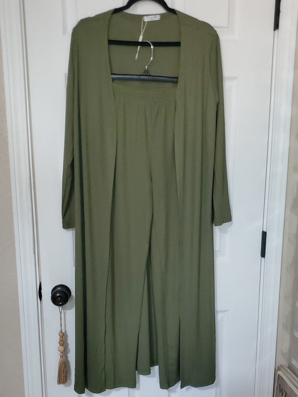 Olive Wide-Leg Pants with Matching Long Duster